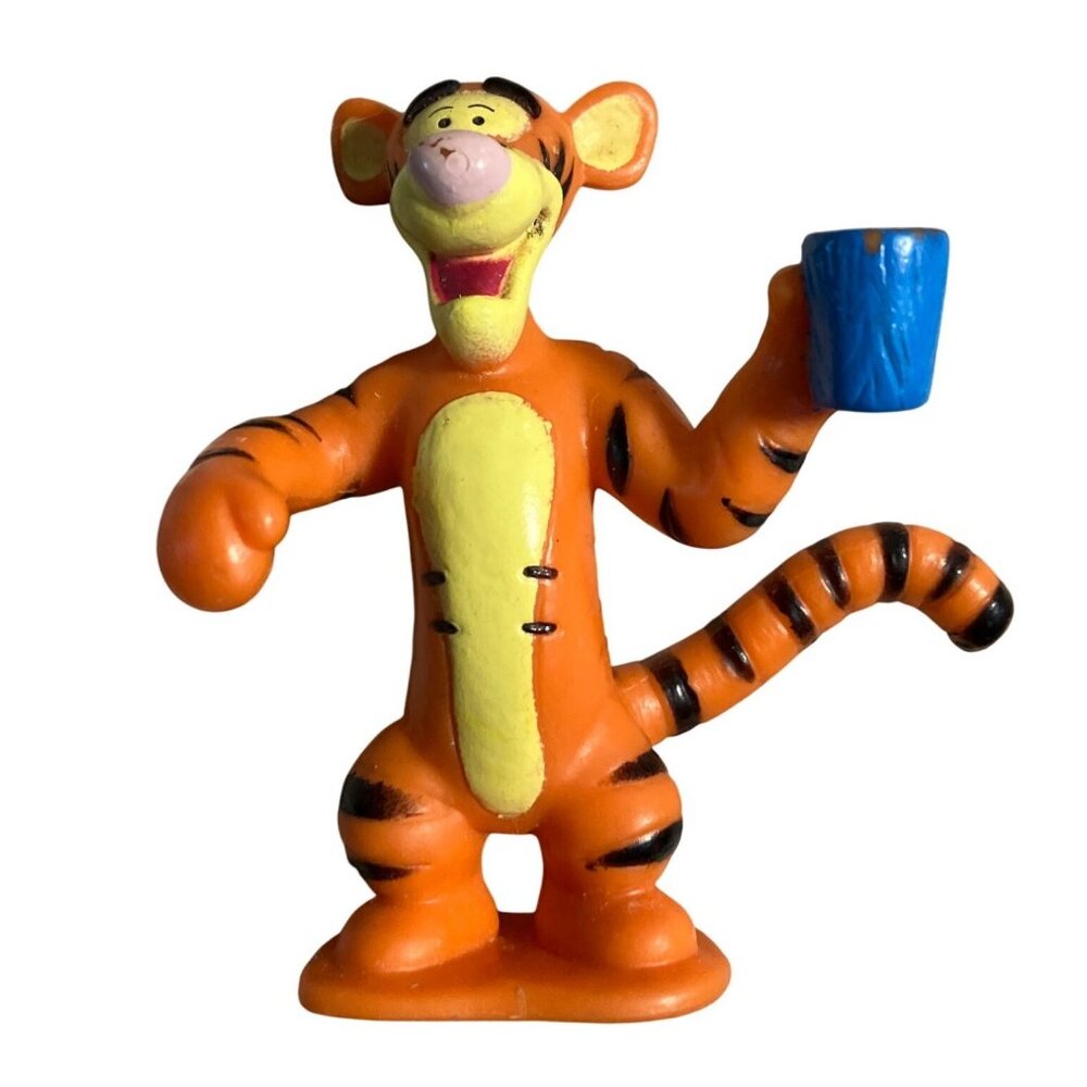 Disney Tigger Figurine With Blue Cup Orange & Yellow Collectible Plastic Toy Fig